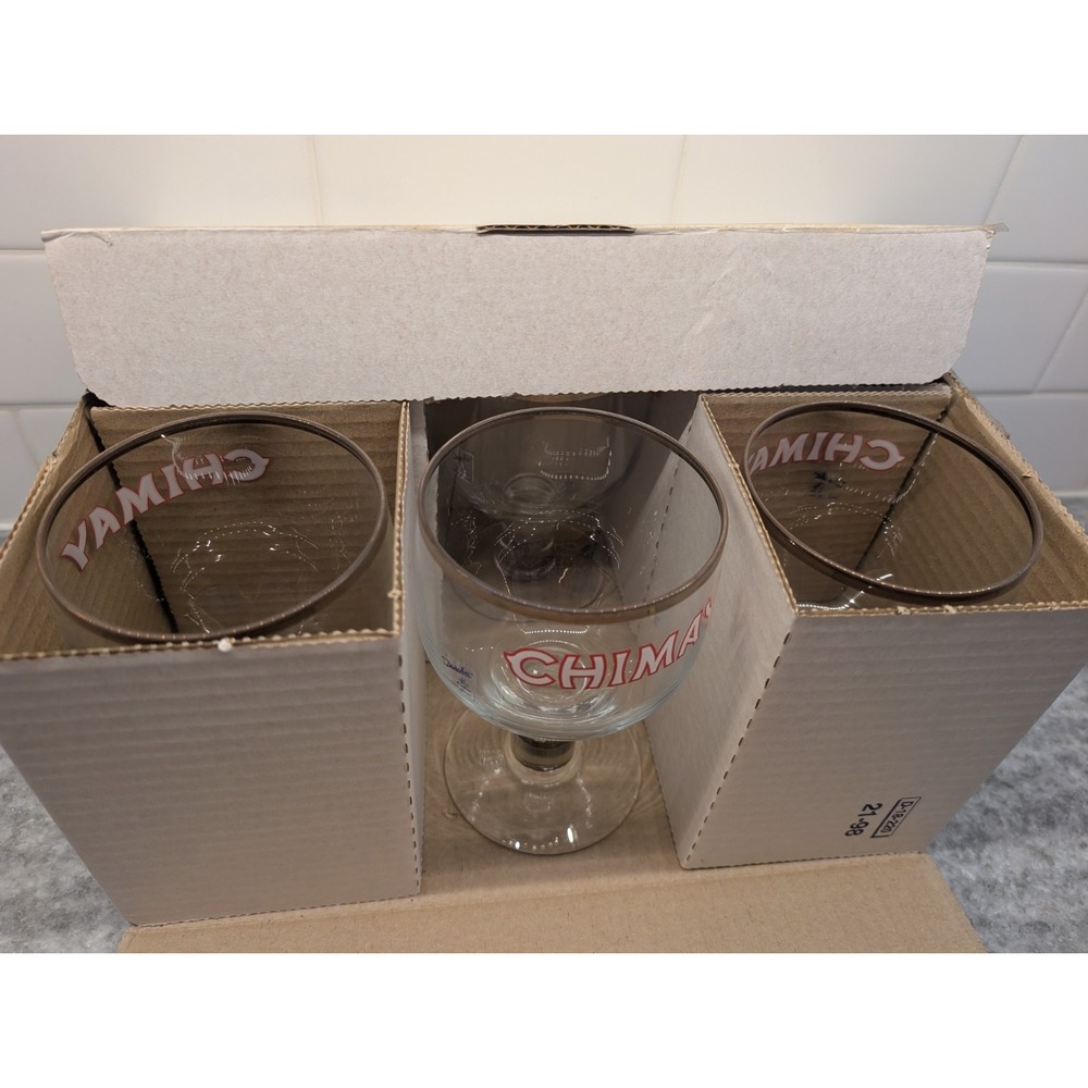 6 Chimay Glasses Goblets, Belgium, Silver‎ Rim - BNIB